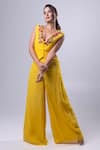 Dajwaree_Yellow Organza Embroidered Thread V-neck Daisy Top With Pant _at_Aza_Fashions