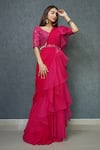 Buy_Dajwaree_Fuchsia Organza Embroidered Sequin Leaf Pre-draped Ruffle Saree _Online_at_Aza_Fashions