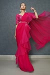 Shop_Dajwaree_Fuchsia Organza Embroidered Sequin Leaf Pre-draped Ruffle Saree _Online_at_Aza_Fashions