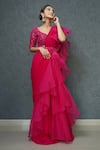 Dajwaree_Fuchsia Organza Embroidered Sequin Leaf Pre-draped Ruffle Saree _at_Aza_Fashions