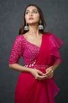 Shop_Dajwaree_Fuchsia Organza Embroidered Sequin Leaf Pre-draped Ruffle Saree _at_Aza_Fashions