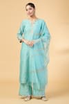 Buy_Pouli Pret_Blue Chanderi Embroidery Floral Notched Kurta And Pant Set _at_Aza_Fashions