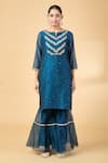 Pouli Pret_Blue Chanderi Embroidery Floral Notched Mirror Kurta And Gharara Set _Online_at_Aza_Fashions