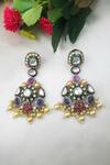 Shop_Queens Jewels_Multi Color Crystals, Stones Victorian Style Navratan Polki Embellished Earrings _at_Aza_Fashions