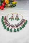 Shop_Queens Jewels_Multi Color Stones, Zari Victorian Style Kundan Embellished Necklace Set _at_Aza_Fashions