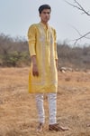 House of KOA_Yellow Kurta Chanderi Embroidery Sequin June Geometric Set _Online_at_Aza_Fashions