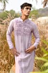 Shop_House of KOA_Purple Kurta Chanderi Textured Stripe Pattern Set _at_Aza_Fashions