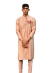 House of KOA_Peach Kurta Chanderi Embroidery Resham Rosette Placement Set _at_Aza_Fashions