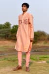 Shop_House of KOA_Peach Kurta Chanderi Embroidery Cutdana Rose Placement Set _at_Aza_Fashions