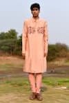 Buy_House of KOA_Peach Kurta Chanderi Embroidery Cutdana Rose Placement Set _Online_at_Aza_Fashions