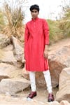 Buy_House of KOA_Red Kurta Chanderi Plain Urban Pleated Set _at_Aza_Fashions