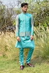 Buy_House of KOA_Blue Bundi Raw Silk Embroidery Cutdana Azul Border And Kurta Set _at_Aza_Fashions