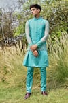 Shop_House of KOA_Blue Bundi Raw Silk Embroidery Cutdana Azul Border And Kurta Set _at_Aza_Fashions