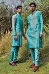 House of KOA_Blue Bundi Raw Silk Embroidery Cutdana Azul Border And Kurta Set _Online_at_Aza_Fashions