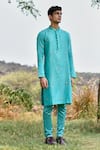 Shop_House of KOA_Blue Kurta Chanderi Embroidery Zardozi King Bee Set _at_Aza_Fashions