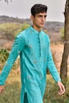 Shop_House of KOA_Blue Kurta Chanderi Embroidery Zardozi King Bee Set _Online_at_Aza_Fashions