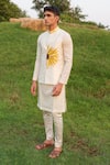 House of KOA_Off White Nehru Jacket Raw Silk Embroidery Petal Golden And Kurta Set _Online_at_Aza_Fashions