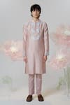 Buy_House of KOA_Pink Kurta Chanderi Embroidered Silk Thread Rose With Pant _at_Aza_Fashions