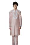 House of KOA_Pink Kurta Chanderi Embroidered Silk Thread Rose With Pant _Online_at_Aza_Fashions