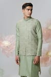 Shop_House of KOA_Green Kurta Chanderi Embroidered Glass Bead Louts Cascade Bandi With Set _at_Aza_Fashions