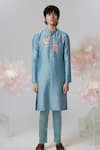 Shop_House of KOA_Blue Kurta Chanderi Embroidered Glass Bead Peony Opulence With Pant _at_Aza_Fashions