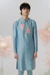 Shop_House of KOA_Blue Kurta Chanderi Embroidered Glass Bead Peony Opulence With Pant _Online_at_Aza_Fashions