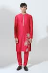 Buy_House of KOA_Red Kurta Chanderi Embroidered Glass Bead Divine Louts With Pant _at_Aza_Fashions