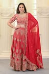 Buy_Hasrat By Salma_Pink Bemberg Silk Hand Embroidery Zardosi Leaf Neck Blouse And Lehenga Set _at_Aza_Fashions