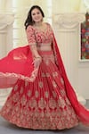 Shop_Hasrat By Salma_Pink Bemberg Silk Hand Embroidery Zardosi Leaf Neck Blouse And Lehenga Set _Online_at_Aza_Fashions