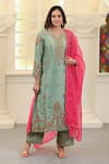 Buy_Hasrat By Salma_Green Chanderi Hand Embroidery Floral Notched Kurta And Pant Set _at_Aza_Fashions