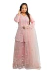 Hasrat By Salma_Pink Net Hand Embroidery Floral Short Kurta And Sharara Set For Kids_Online_at_Aza_Fashions