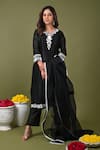 Buy_Hasrat By Salma_Black Silk Chanderi Hand Embroidered Beads Notched Kurta Pant Set _Online_at_Aza_Fashions