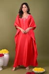 Buy_Hasrat By Salma_Red Silk Chanderi Hand Embroidered Sequins Scalloped Beads Kaftan _at_Aza_Fashions