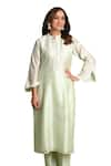 Buy_Hasrat By Salma_Green Silk Chanderi Hand Embroidered Sequins Mandarin Kurta With Pant _Online_at_Aza_Fashions