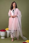 Hasrat By Salma_Pink Silk Chanderi Hand Embroidered Sequins Notched Beads Kurta Pant Set _Online_at_Aza_Fashions