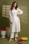 Buy_Hasrat By Salma_White Silk Chanderi Mandarin Solid Kurta With Pant _Online_at_Aza_Fashions