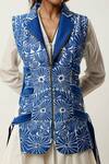 Buy_Jajaabor_Blue Silk Chanderi Embroidered Cutwork Floral Jacket With Draped Kurta Set 