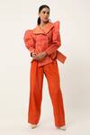 Buy_Jajaabor_Orange Silk Chanderi Embroidered Cutwork Notched Lapel Floral Jacket With Pant _at_Aza_Fashions