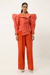 Jajaabor_Orange Silk Chanderi Embroidered Cutwork Notched Lapel Floral Jacket With Pant _Online_at_Aza_Fashions