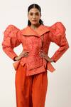 Jajaabor_Orange Silk Chanderi Embroidered Cutwork Notched Lapel Floral Jacket With Pant _at_Aza_Fashions