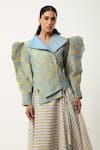 Jajaabor_Blue Silk Chanderi Embroidered Cutwork Notched Lapel Floral Jacket With Skirt _at_Aza_Fashions