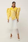 Buy_Jajaabor_Yellow Silk Chanderi Embroidered Cutwork Collar Floral Asymmetric Jacket _at_Aza_Fashions