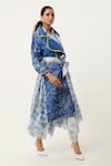 Jajaabor_Blue Silk Chanderi Embroidered Cutwork Notched Lapel Asymmetric Organza Trench _Online_at_Aza_Fashions