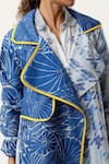 Jajaabor_Blue Silk Chanderi Embroidered Cutwork Notched Lapel Asymmetric Organza Trench _at_Aza_Fashions