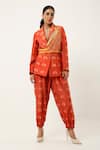 Shop_Jajaabor_Orange Silk Chanderi Printed Scooter Notched Lapel And Checks Jacket With Joggers _Online_at_Aza_Fashions