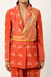 Buy_Jajaabor_Orange Silk Chanderi Printed Scooter Notched Lapel And Checks Jacket With Joggers 