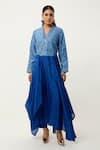 Buy_Jajaabor_Blue Cotton Chanderi Embroidered Cutwork V-neck Asymmetric Kurta With Pant _at_Aza_Fashions