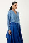 Jajaabor_Blue Cotton Chanderi Embroidered Cutwork V-neck Asymmetric Kurta With Pant _at_Aza_Fashions