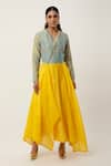 Jajaabor_Yellow Cotton Chanderi Embroidered Cutwork V-neck Flora Kurta With Pant _Online_at_Aza_Fashions