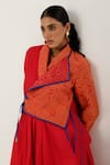 Shop_Jajaabor_Pink Silk Chanderi Embroidered Cutwork Notched Lapel Overlap Angrakha With Pant _Online_at_Aza_Fashions